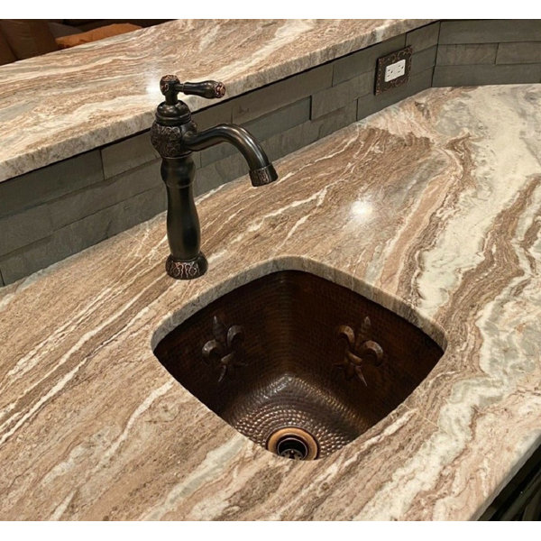 SimplyCopper 15" Square Copper Wet Bar Sink with Fleur de lis Design